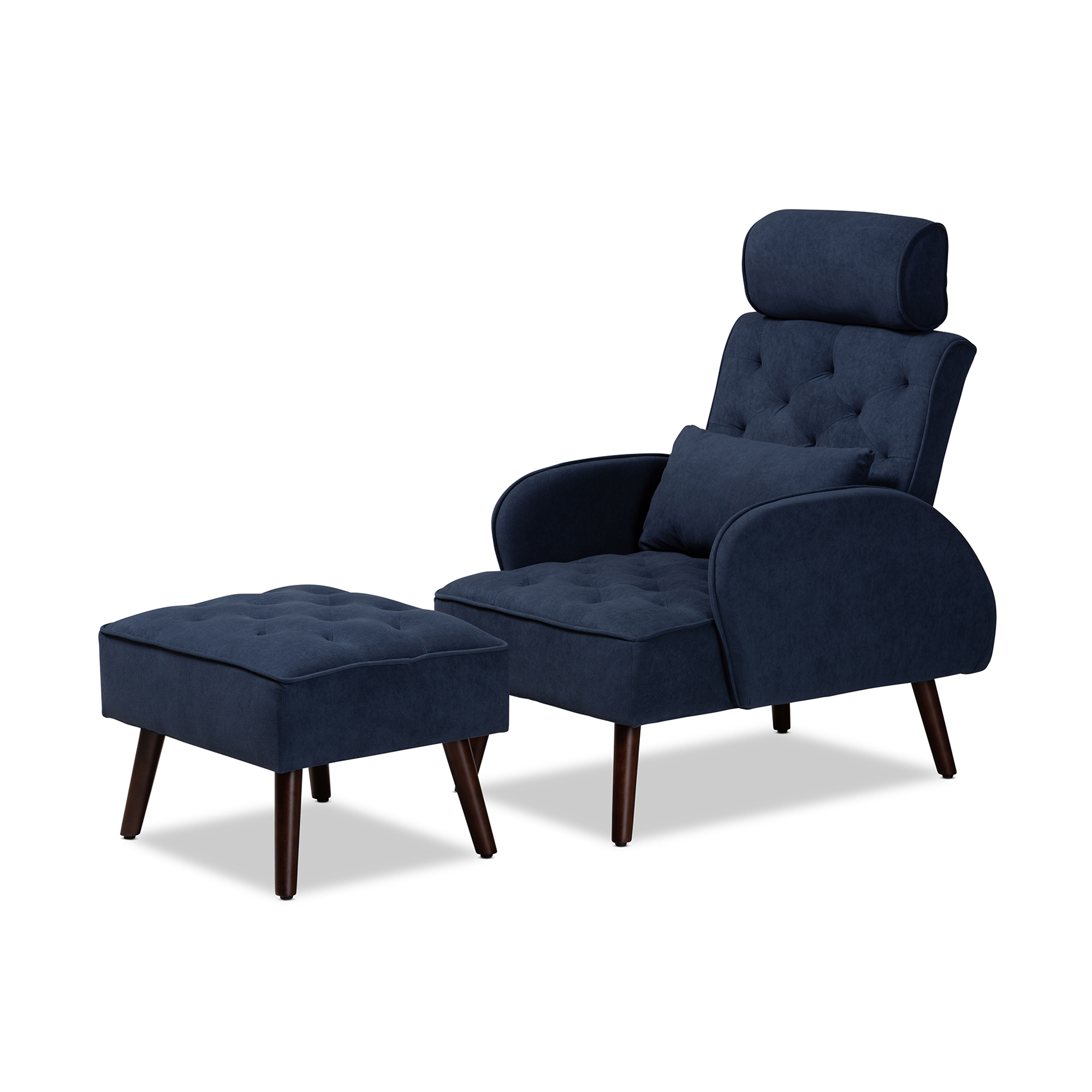 Baxton Studio Haldis Modern and Contemporary Navy Blue velvet Fabric Upholstered and Walnut Brown Finished Wood 2-Piece Recliner Chair and Ottoman Set Affordable modern furniture in Chicago, classic living room furniture, modern chair and ottoman, cheap chair and ottoman
